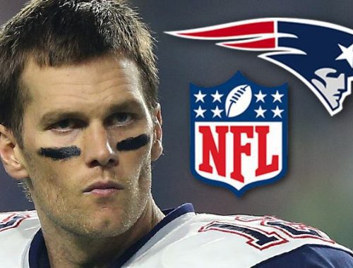The new england patriots player is in front of the nfl logo.