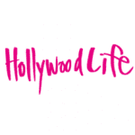A pink logo that says hollywood life
